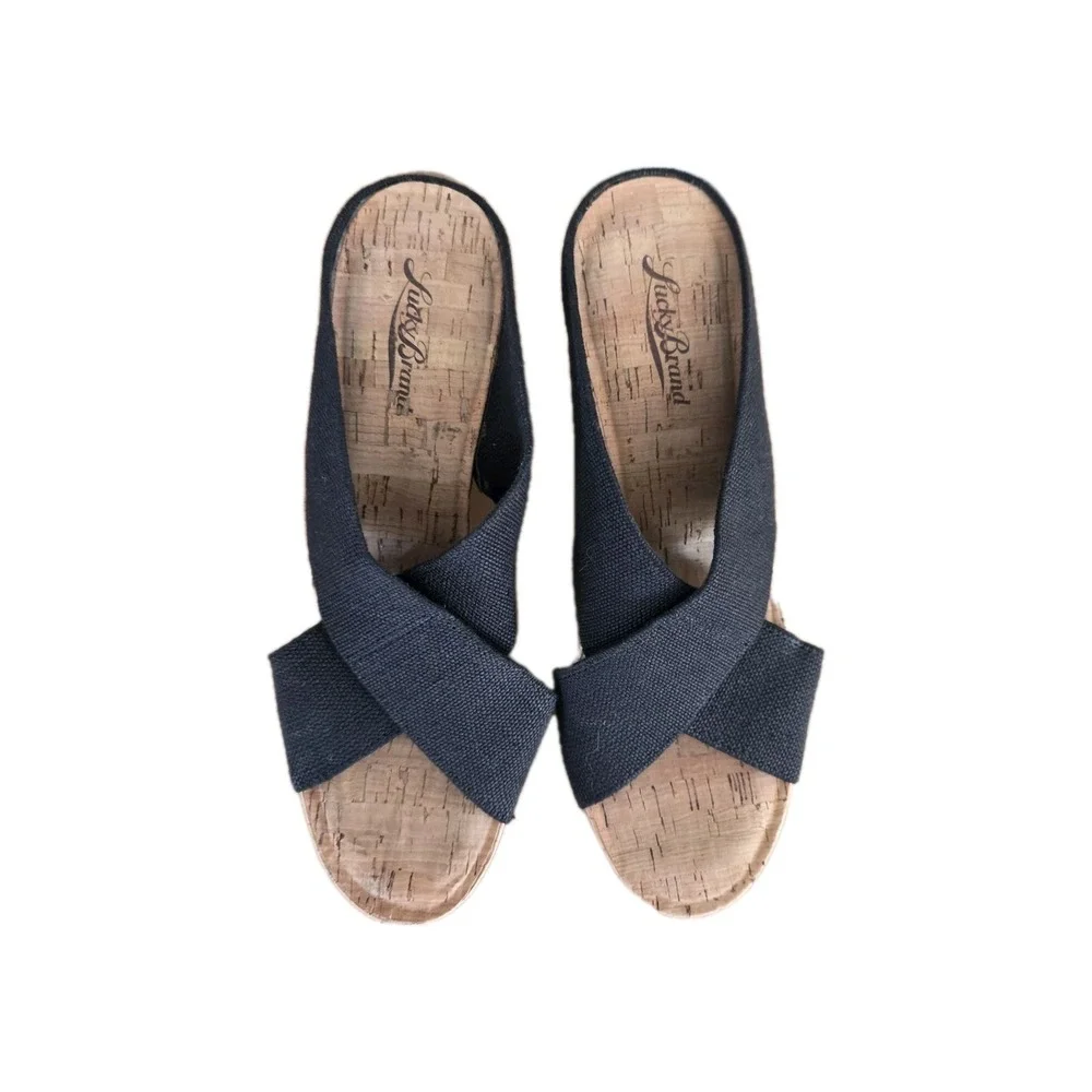 Lucky Brand Valmai Platform Wedge Cork Sandal Black Linen Thick Strap Sz‎ 8.5